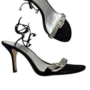 Pelle Moda Black Leather Silver Rhinestone Heels Womens 7.5 Bling Lace Up Ankle